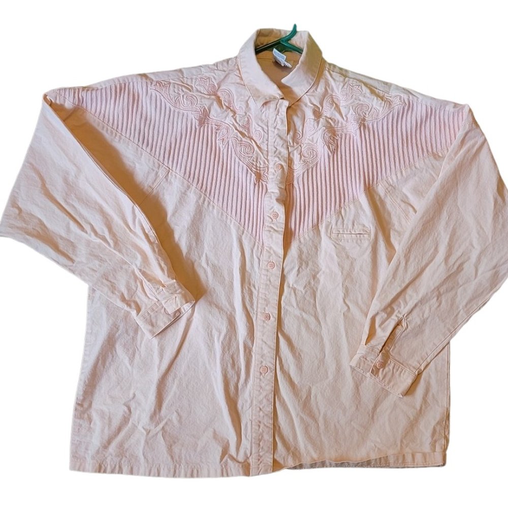 Vintage Pink Denim Embroidered Womens Western Shirt L